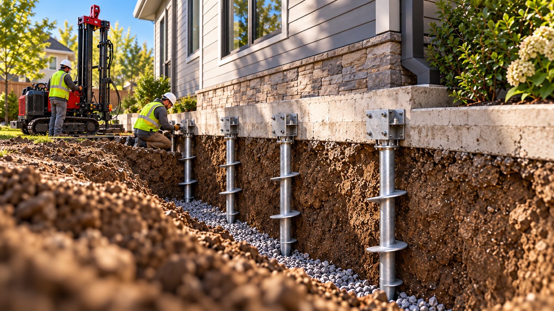 A helical pile being advanced beside a residential entrance, trench cut close to the steps
