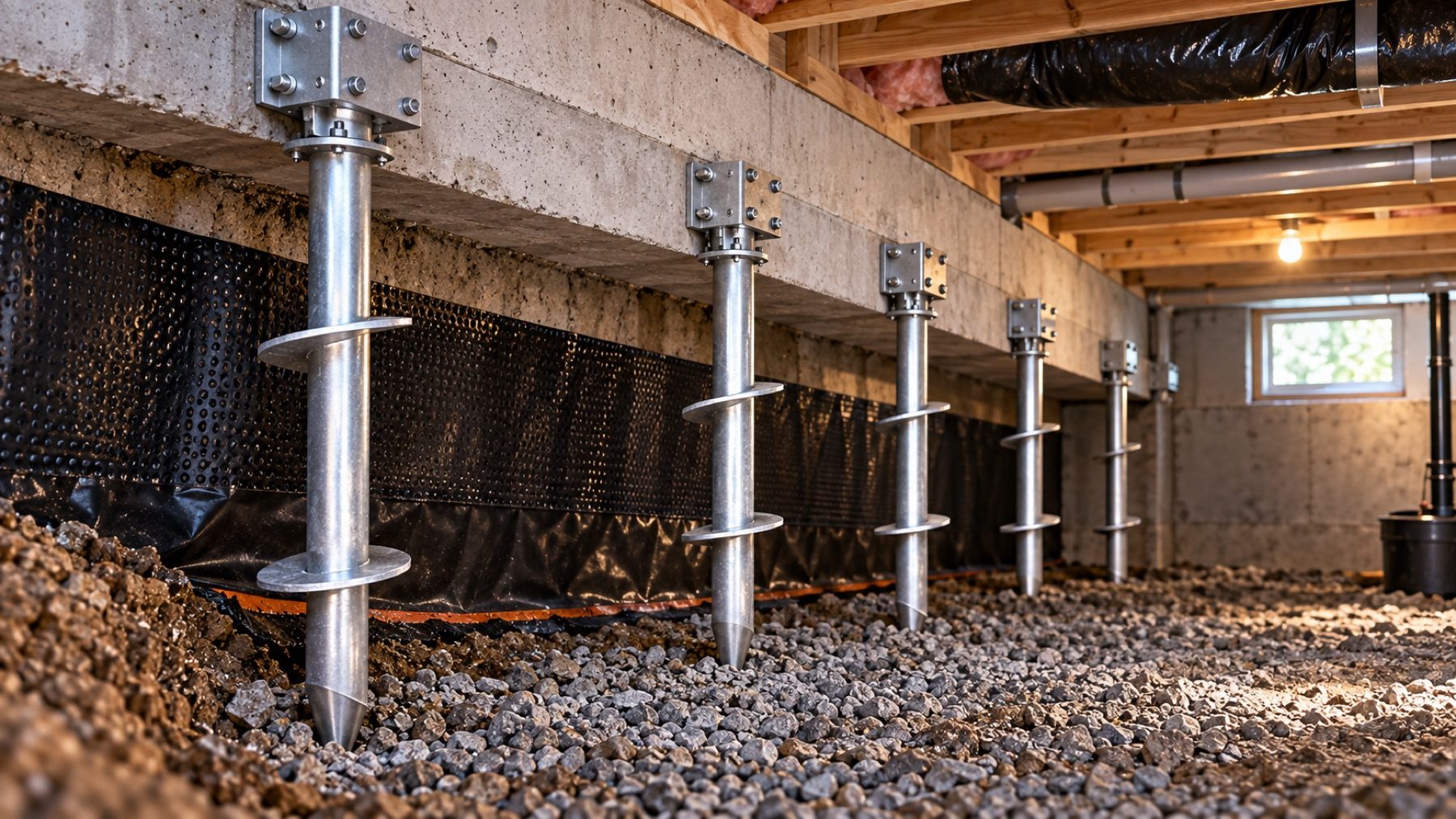 Helical piles carried up to the floor structure inside an occupied basement