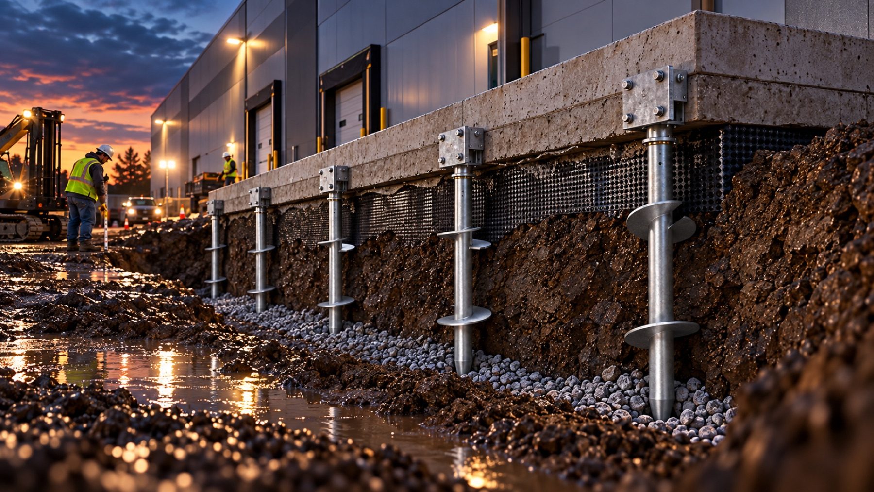 Helical piles and grade beam along a commercial elevation at dusk, trench still open over drainage stone