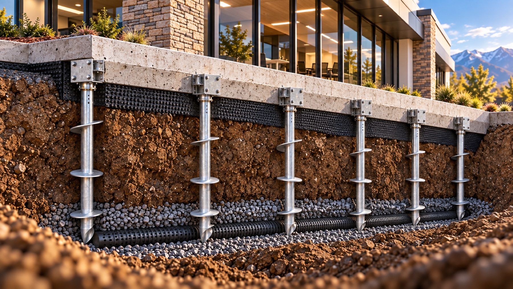 A completed row of helical piles carrying a concrete grade beam, dimpled membrane and washed stone behind them