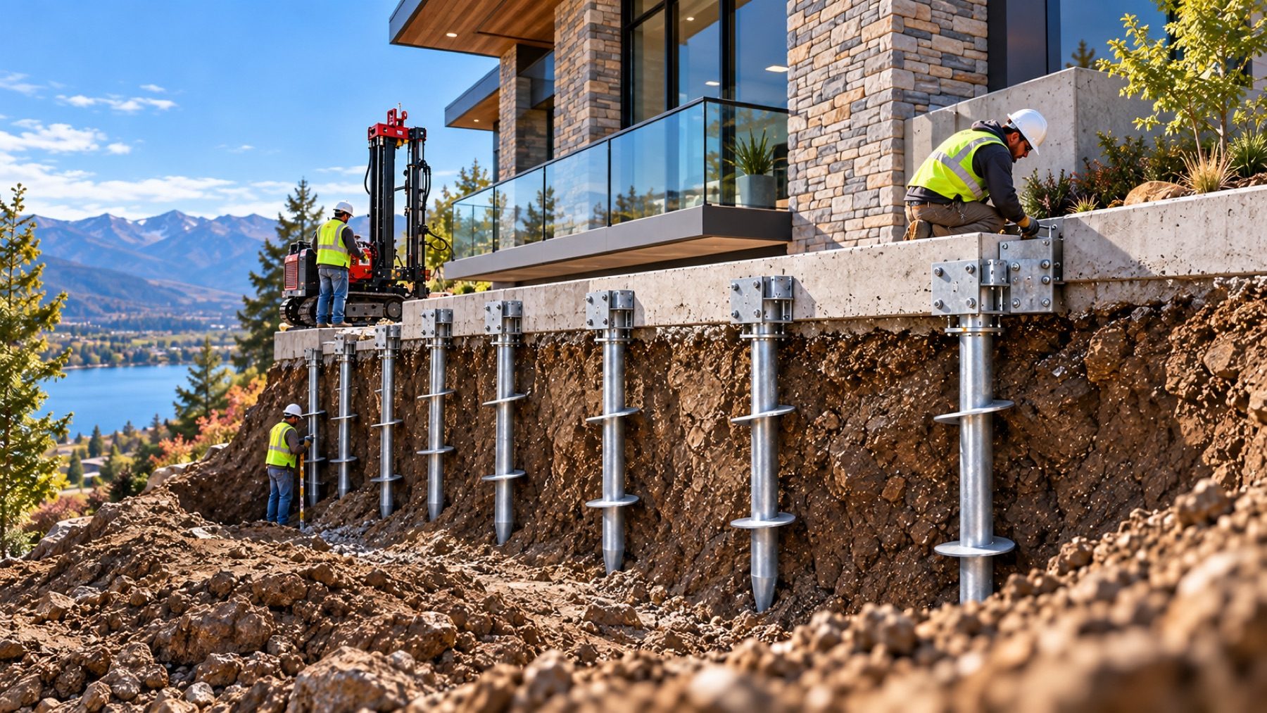 Helical piles along a hillside terrace, excavation following the slope below the glazing
