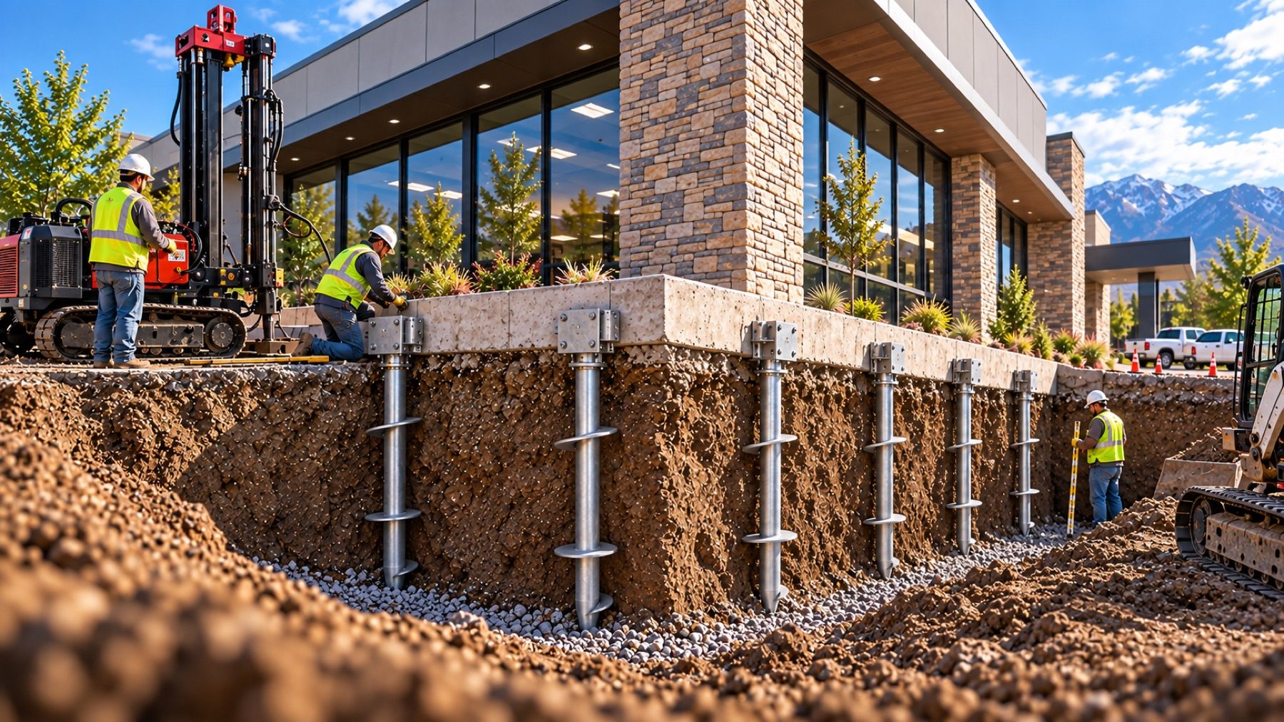 Helical piles set in an open trench along a retail frontage, drive rig working from the parking side