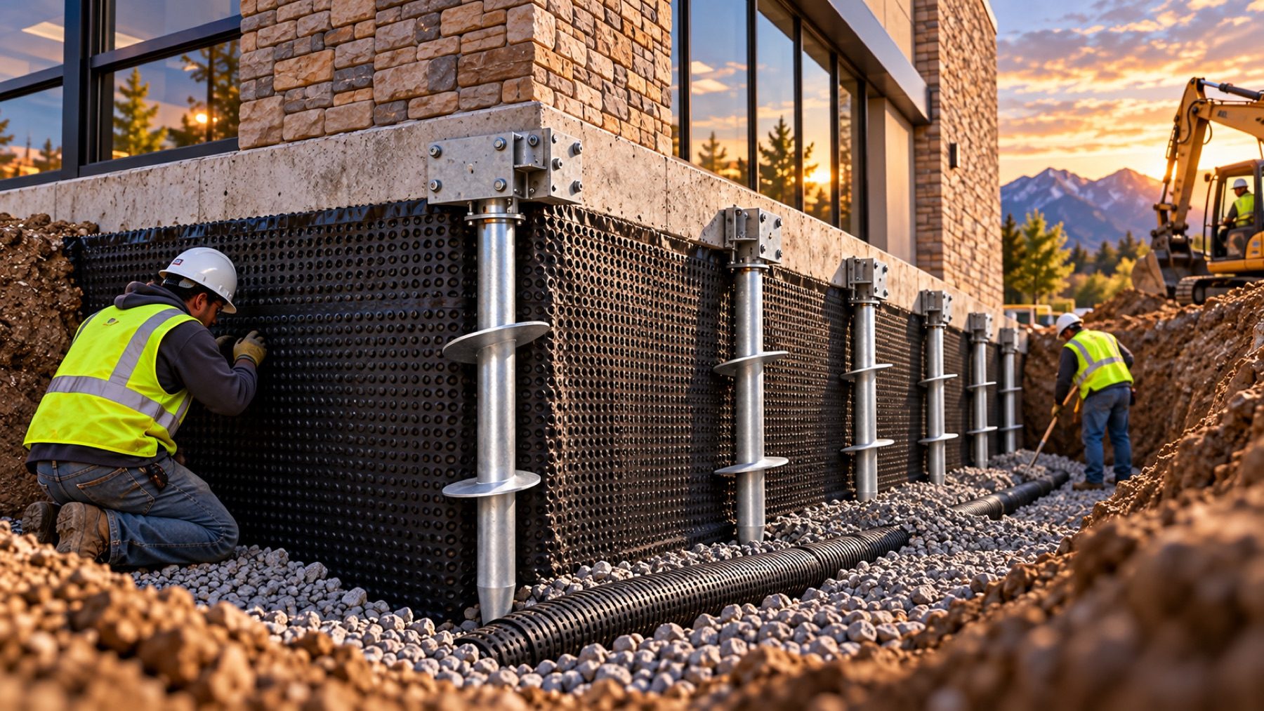 A crew member fixing dimpled membrane to a brick foundation wall between completed piles at sunset