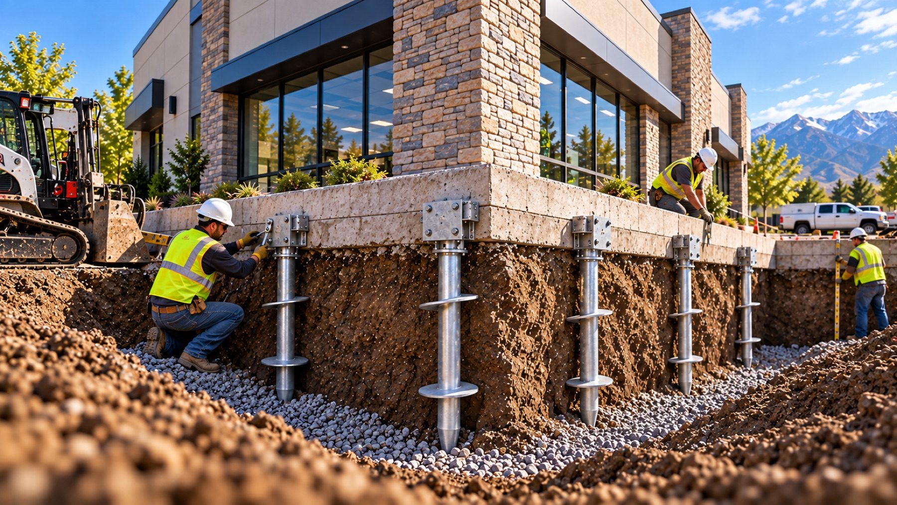 Membrane and drainage stone carried around a building corner while an excavator works the trench