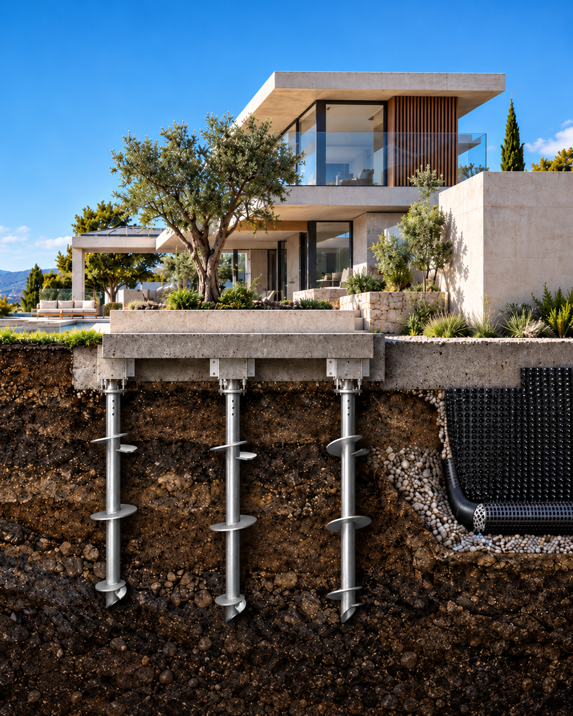 Cross-section of a hillside residence: the structure and terrace above grade, and below it the concrete grade beam carried on three helical piers — each a straight steel shaft with separate helix bearing plates spaced along it — with a dimpled drainage membrane and perforated pipe in gravel against the foundation wall.