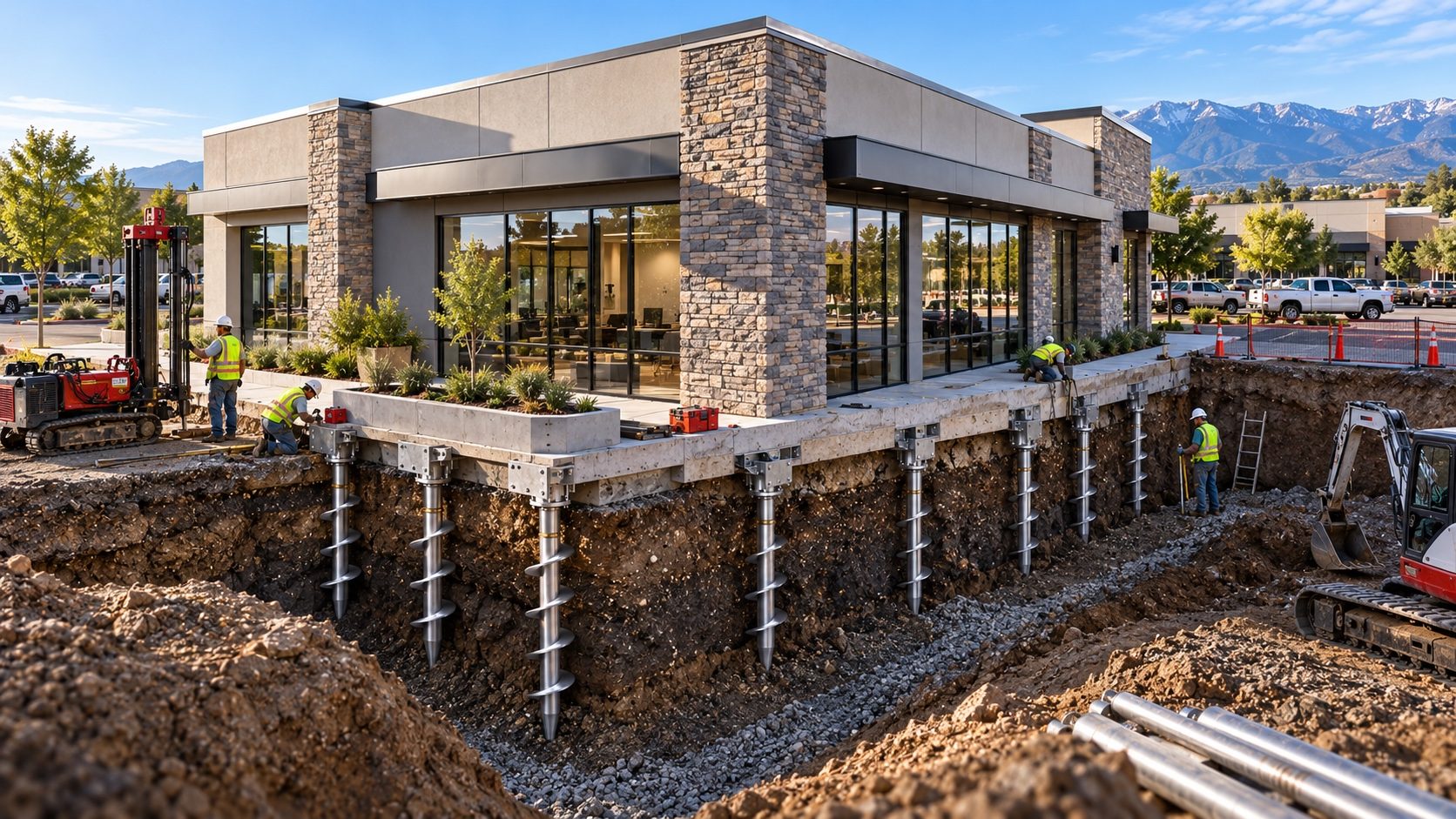Piles set under a commercial slab in an open excavation around a retail building