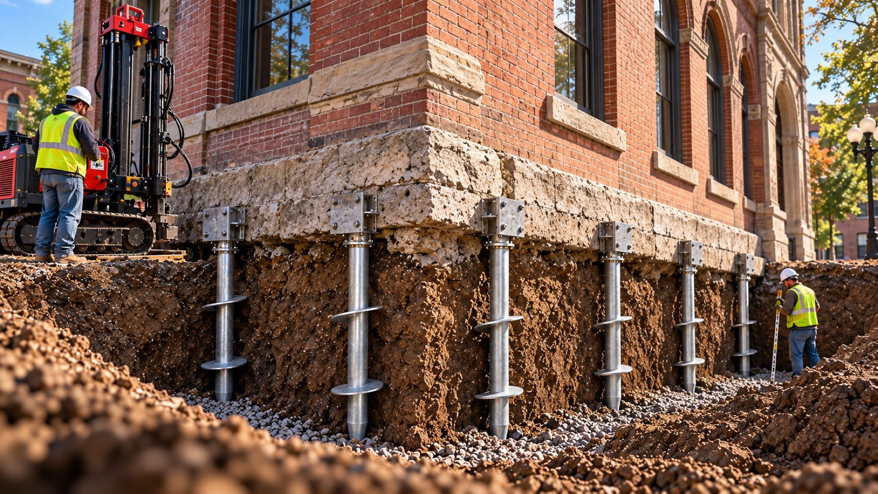 A row of helical piers standing in an open trench beneath the exposed rubble footing of a historic brick building, each a straight steel shaft with separate helix bearing plates and a bolted bracket at the footing, with a tracked drill rig and crew working the cut