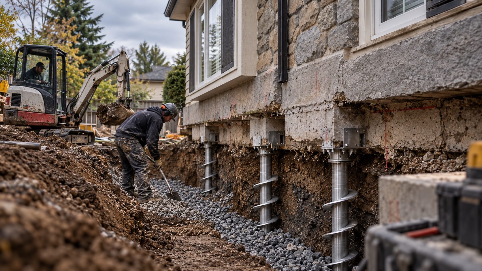 Underpinning piles under a residential footing in an open trench